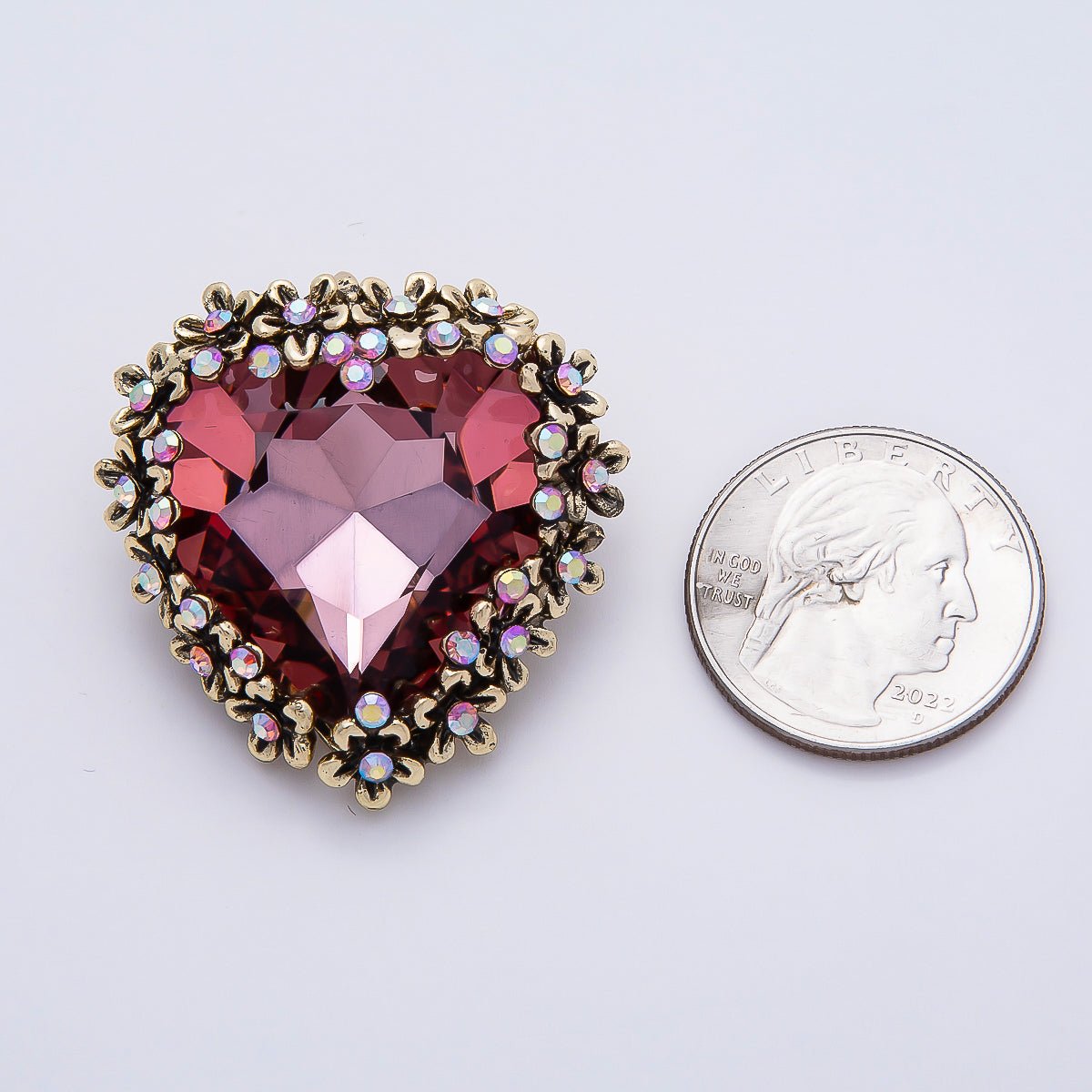 Vintage Gold 36mm Red Rhinestone Flower Heart Pin Brooch | BH - 00121 - DLUXCA