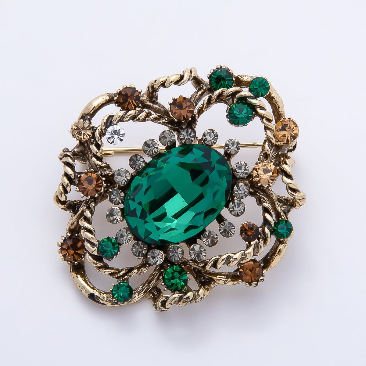 Vintage Gold 39mm Peach, Green Rhinestone Open Flower Rope Pin Brooch | BH-00165 BH-00166 - DLUXCA