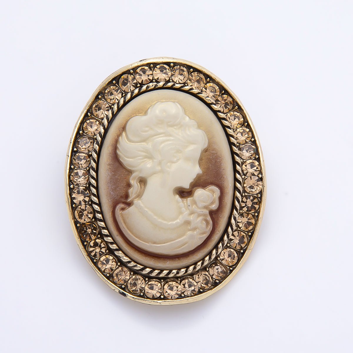 Vintage Gold 41mm Lady Portrait Cameo Peach Champagne Rhinestone Oval Pin Brooch | BH-00172 - DLUXCA