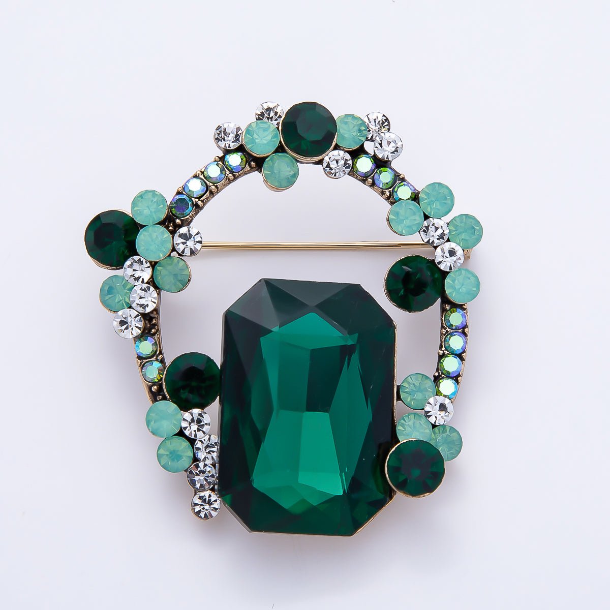 Vintage Gold 45mm Green Rhinestone Cluster Open Oval Pin Brooch | BH-00185 - DLUXCA