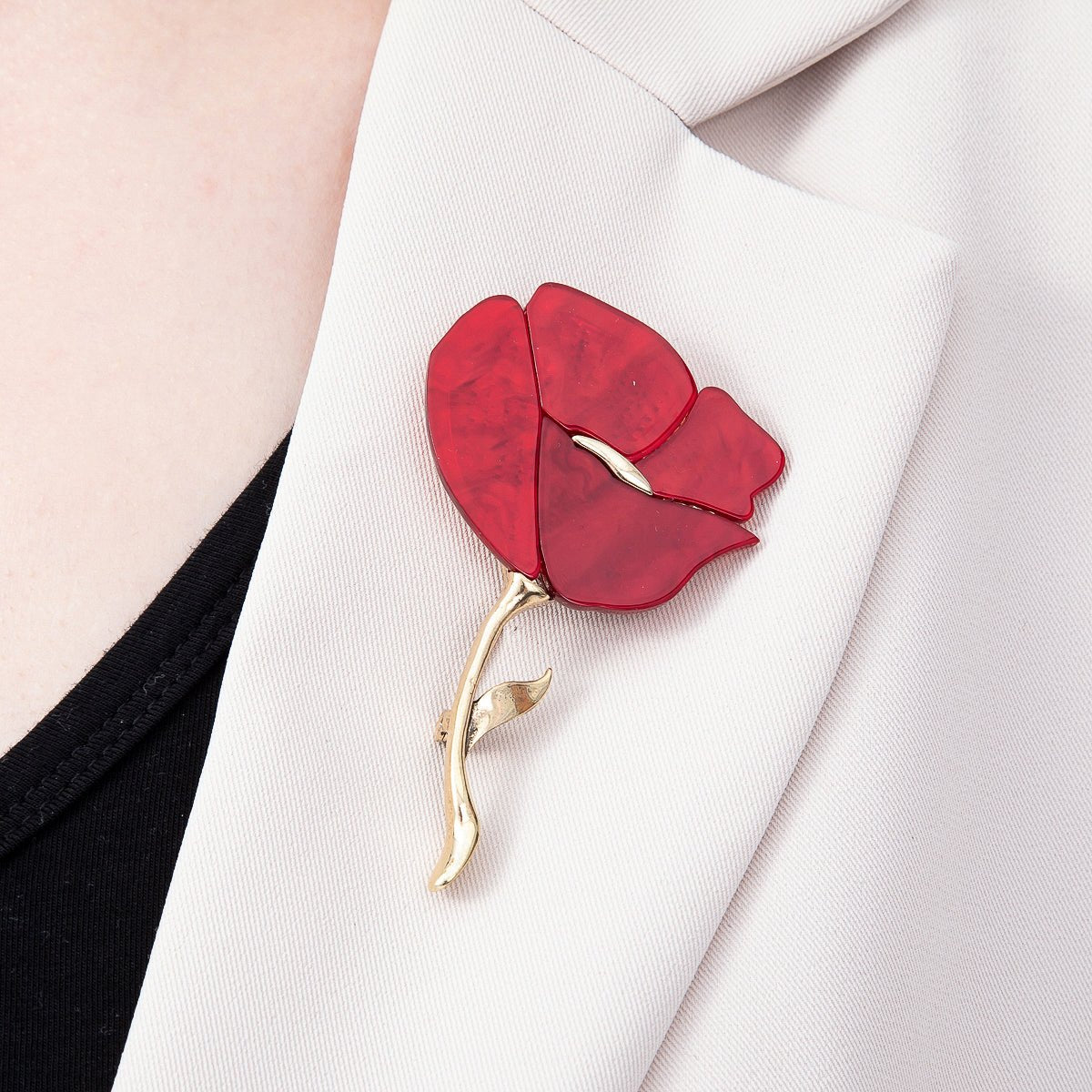 Vintage Gold 46mm Red, White Minimalist Resin Rose Flower Pin Brooch | BH-00174 BH-00175 - DLUXCA