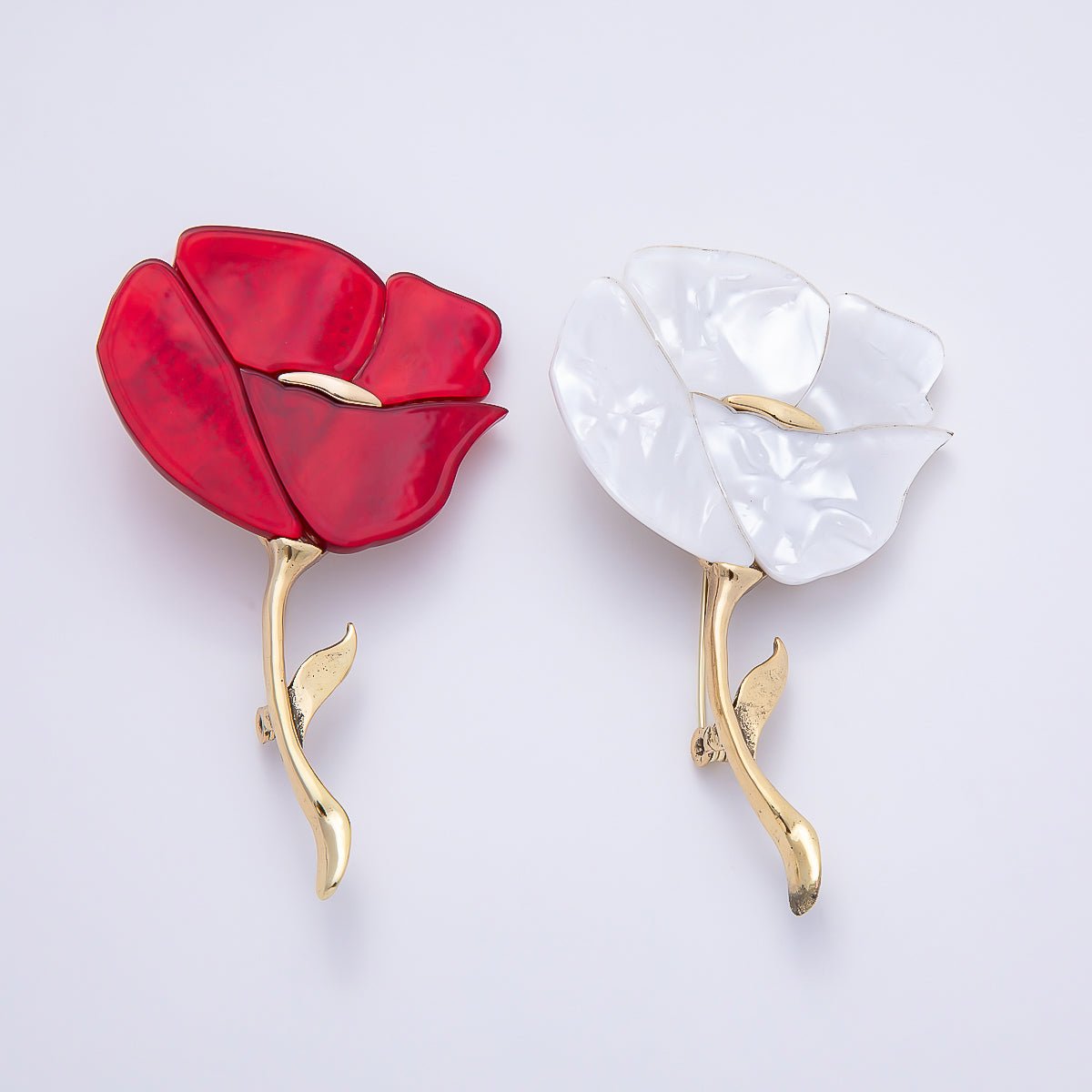 Vintage Gold 46mm Red, White Minimalist Resin Rose Flower Pin Brooch | BH-00174 BH-00175 - DLUXCA