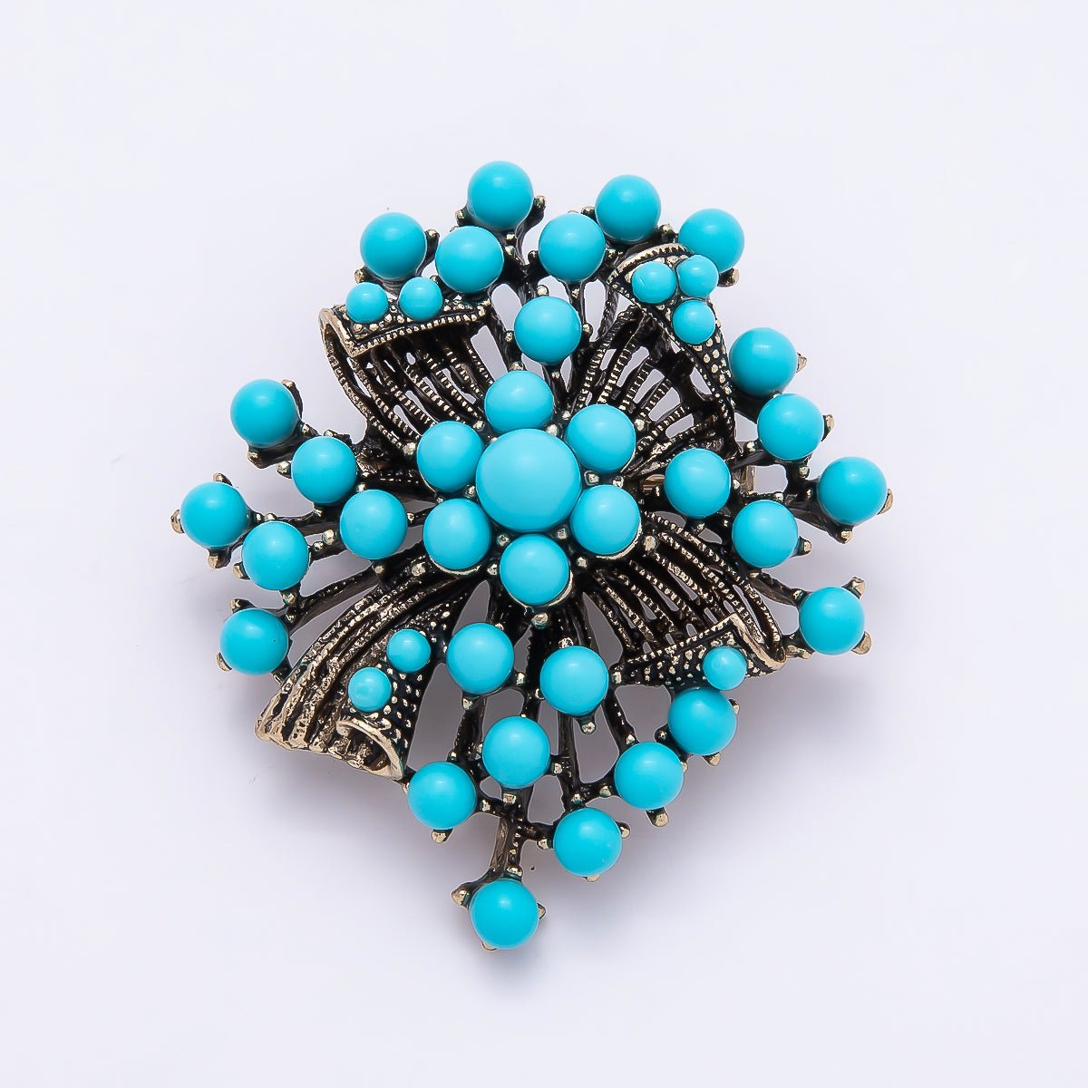 Vintage Gold 46mm x 42mm Turquoise Enamel Floral Geometric Pin Brooch | BH - 143 - DLUXCA