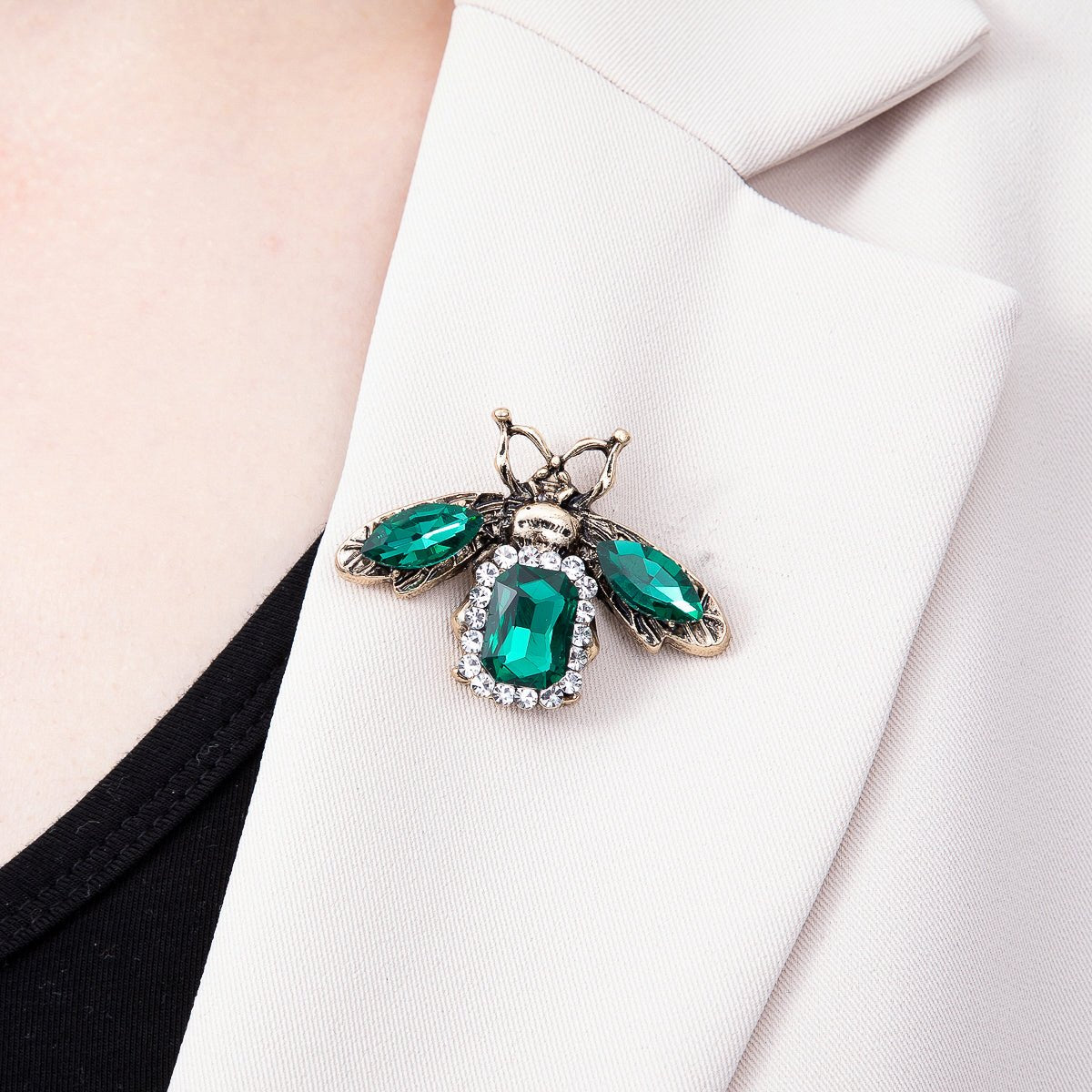 Vintage Gold 47mm Green Rhinestone Honey Bee Insect Animal Pin Brooch | BH-00182 - DLUXCA