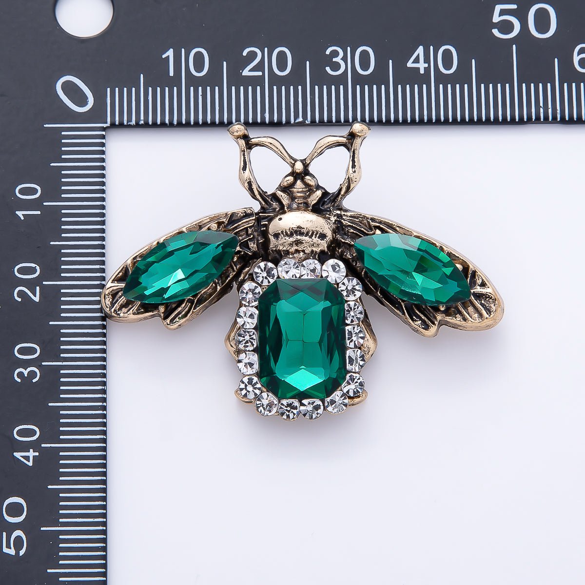 Vintage Gold 47mm Green Rhinestone Honey Bee Insect Animal Pin Brooch | BH-00182 - DLUXCA