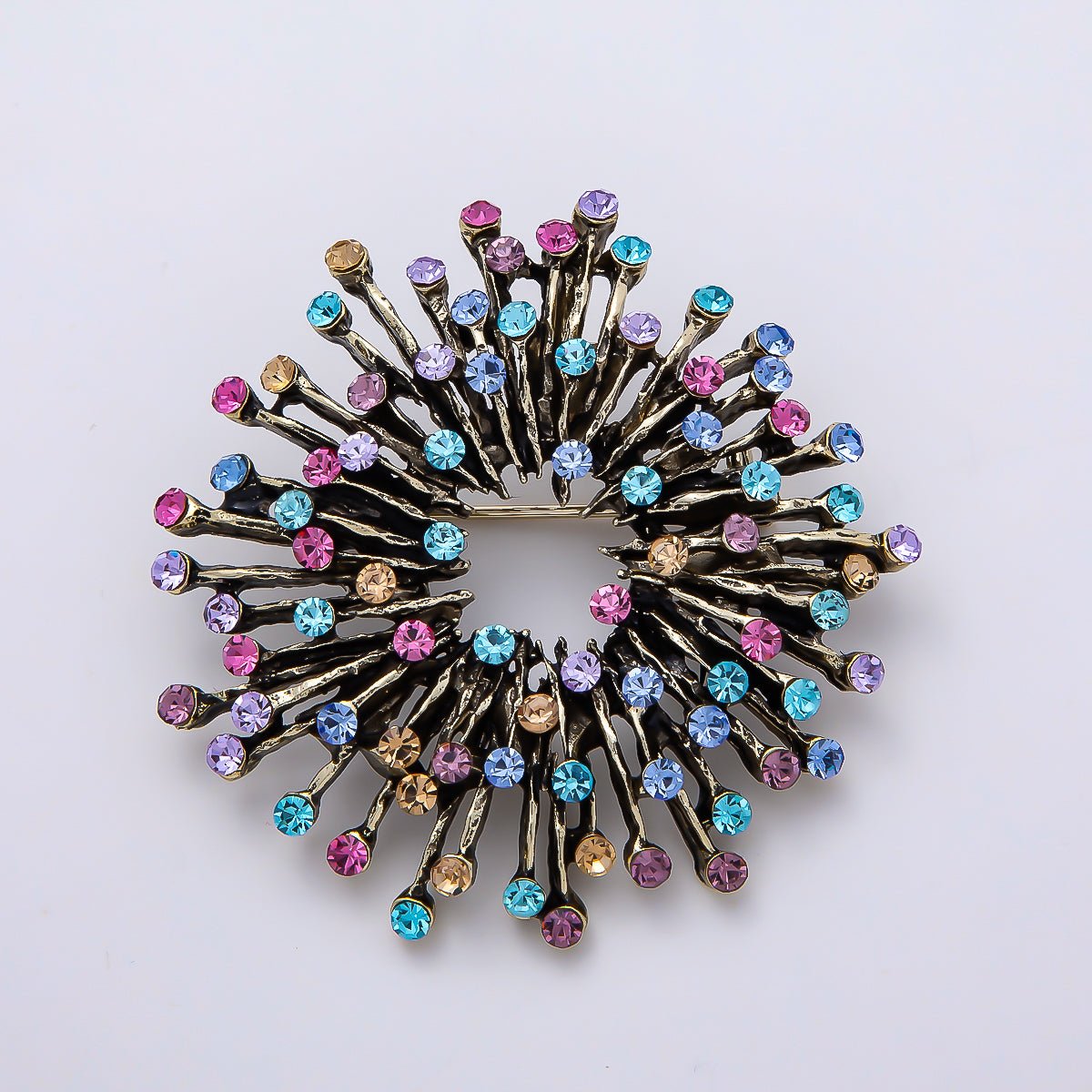 Vintage Gold 47mm Multicolor Rhinestone Sunburst Ray Pin Brooch | BH-00155 - DLUXCA