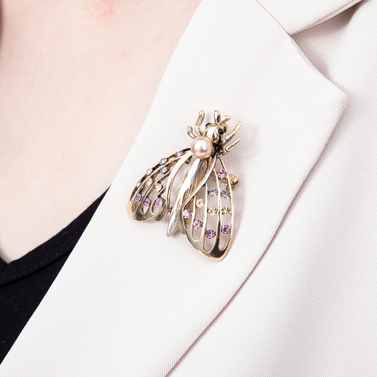 Vintage Gold 48mm Multicolor Rhinestone Dotted Open Flying Insect Animal Pin Brooch | BH-00167 - DLUXCA