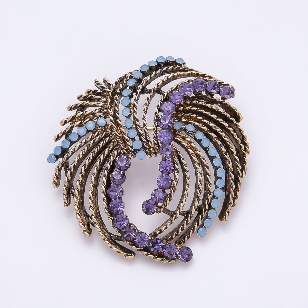 Vintage Gold 50mm Multicolor Rhinestone Geometric Rope Knot Spiral Pin Brooch | BH - 127 - DLUXCA