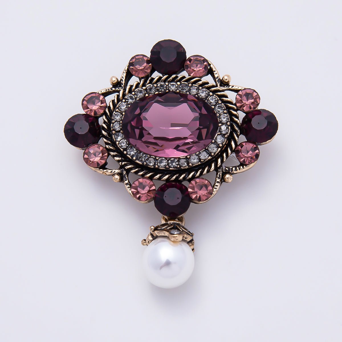 Vintage Gold 50mm Pink Rhinestone Shell Pearl Drop Pin Brooch | BH-00196 - DLUXCA