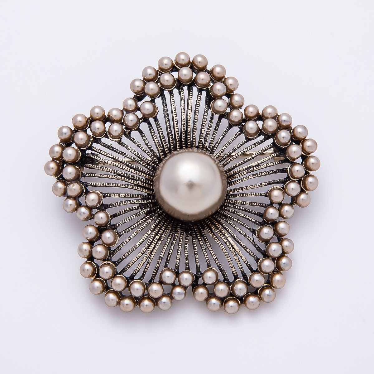 Vintage Gold 52mm Shell Pearl Beaded Lined Flower Pin Brooch | BH-00186 - DLUXCA