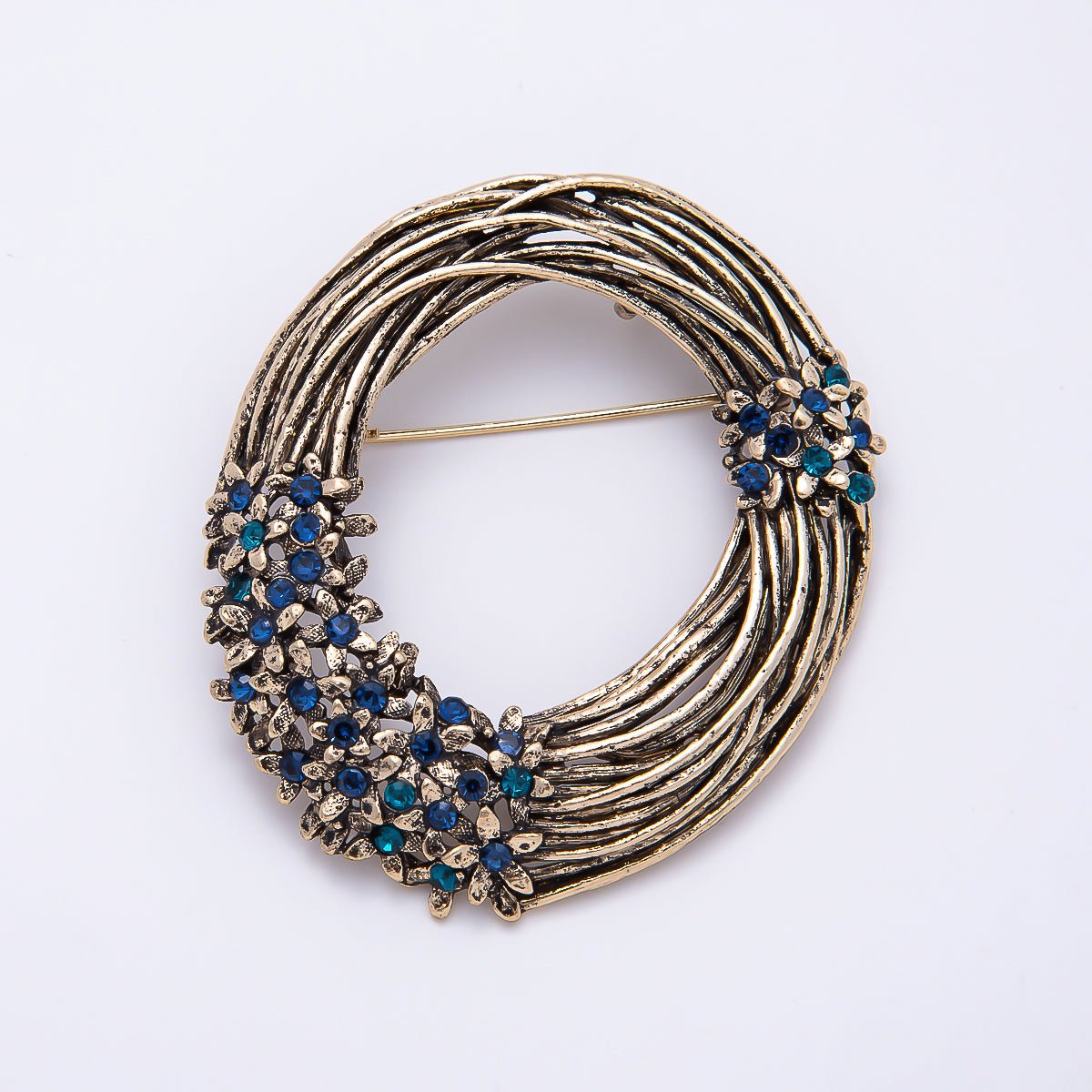 Vintage Gold 55mm Blue, Pink Rhinestone Cluster Linear Woven Wreath Flower Pin Brooch | BH-00187 BH-00188 - DLUXCA