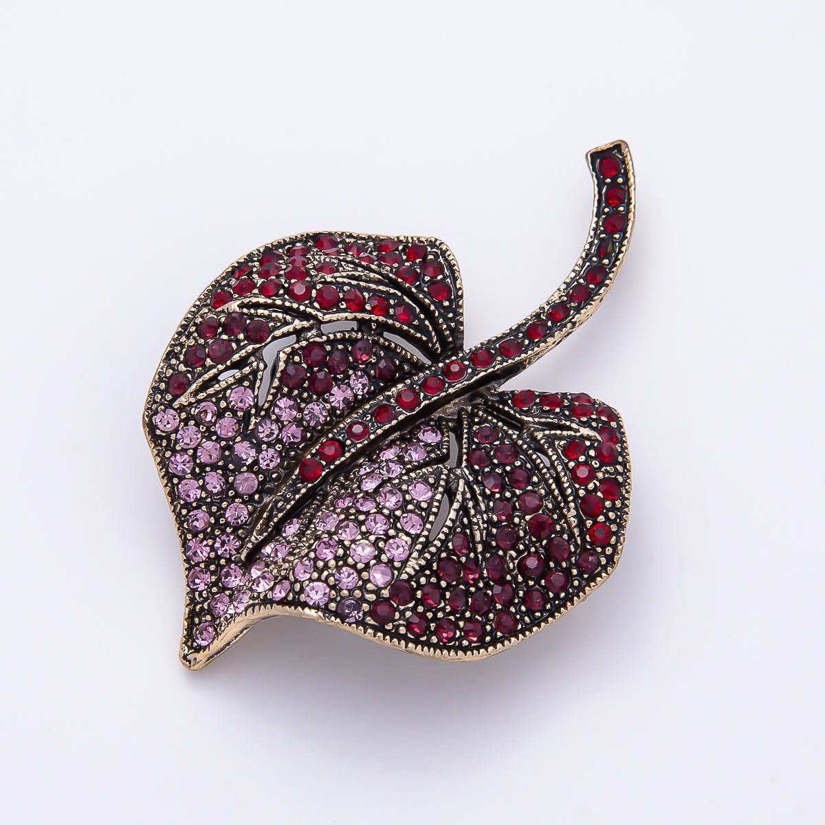 Vintage Gold 55mm Red Pink Micro Paved Rhinestone Leaf Pin Brooch | BH-00191 - DLUXCA