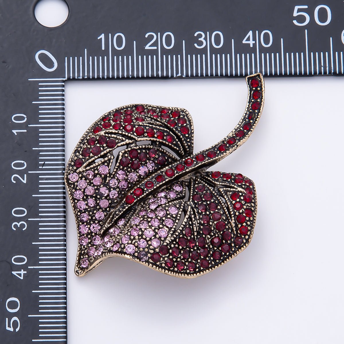 Vintage Gold 55mm Red Pink Micro Paved Rhinestone Leaf Pin Brooch | BH-00191 - DLUXCA