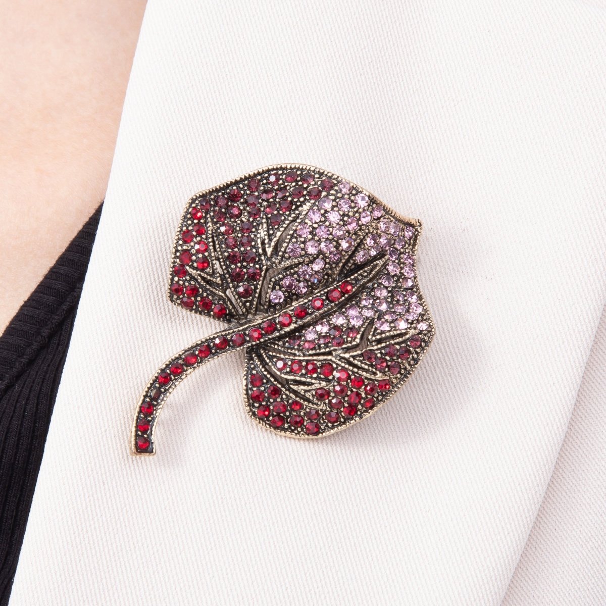 Vintage Gold 55mm Red Pink Micro Paved Rhinestone Leaf Pin Brooch | BH-00191 - DLUXCA