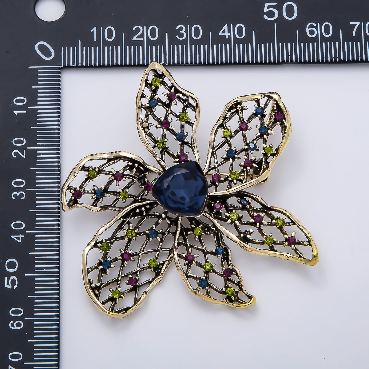 Vintage Gold 60mm Blue Rhinestone Filigree Flower Pin Brooch | BH-00152 - DLUXCA