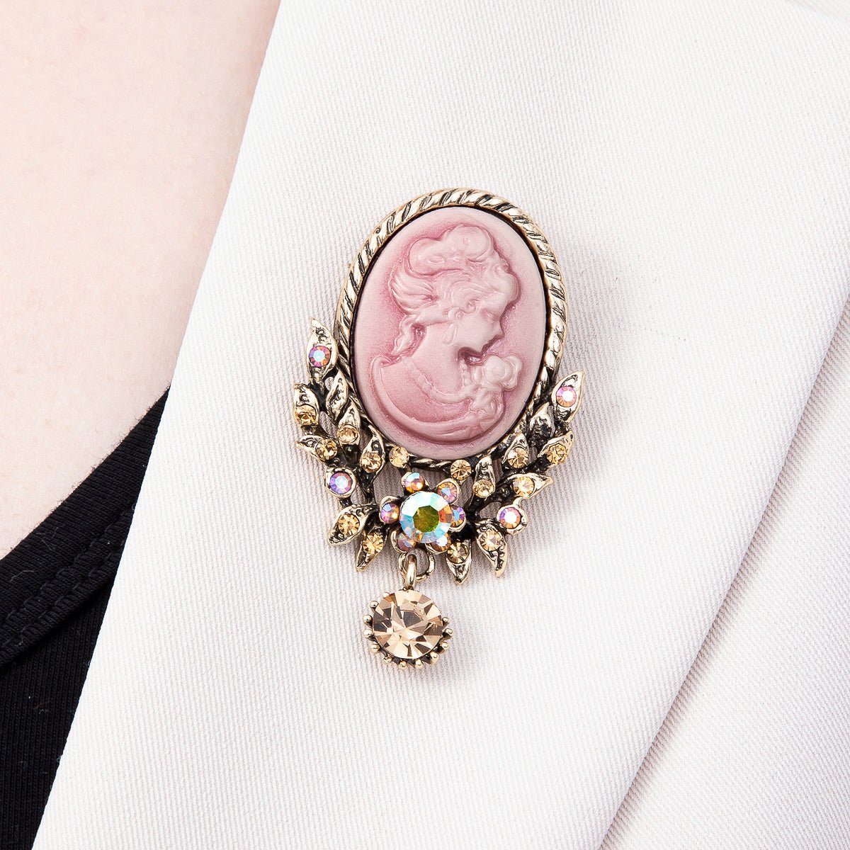 Vintage Gold 60mm Lady Portrait Cameo Pink Rhinestone Flower Drop Pin Brooch | BH-00159 - DLUXCA