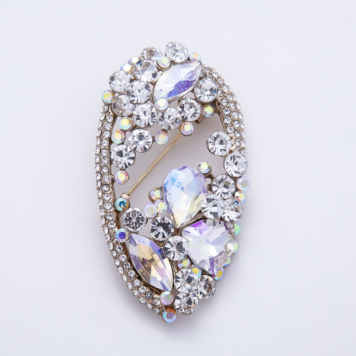 Vintage Gold 63mm Grey, Green, Clear Multi-Cut Rhinestone Open Oval Statement Pin Brooch | BH-00177 ~ BH-00179 - DLUXCA