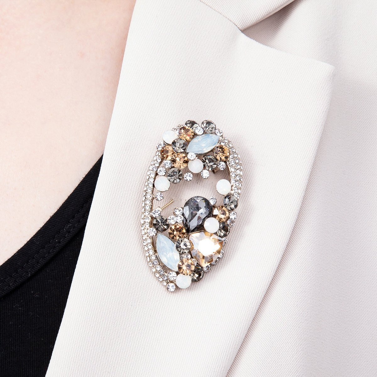 Vintage Gold 63mm Grey, Green, Clear Multi-Cut Rhinestone Open Oval Statement Pin Brooch | BH-00177 ~ BH-00179 - DLUXCA