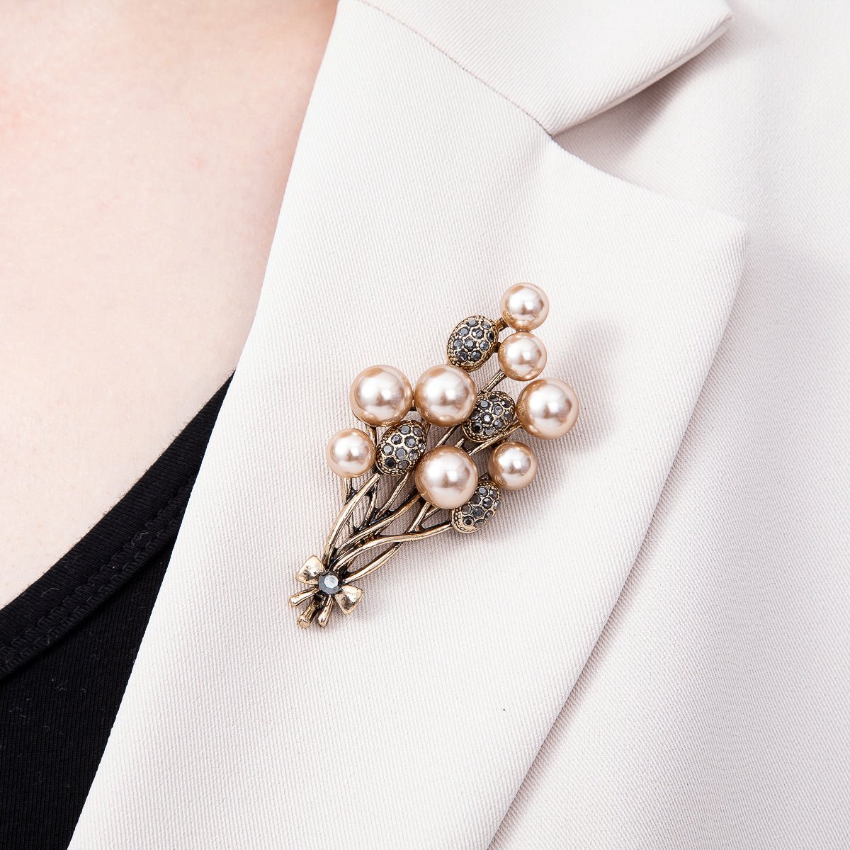 Vintage Gold 65mm Shell Pearl Rhinestone Paved Flower Bouquet Pin Brooch | BH-00180 - DLUXCA