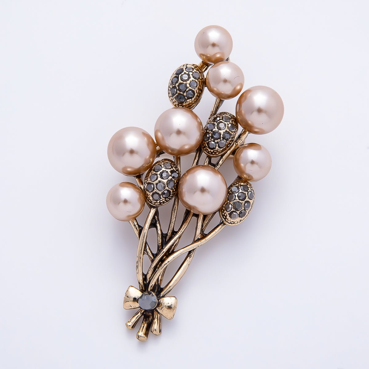 Vintage Gold 65mm Shell Pearl Rhinestone Paved Flower Bouquet Pin Brooch | BH-00180 - DLUXCA