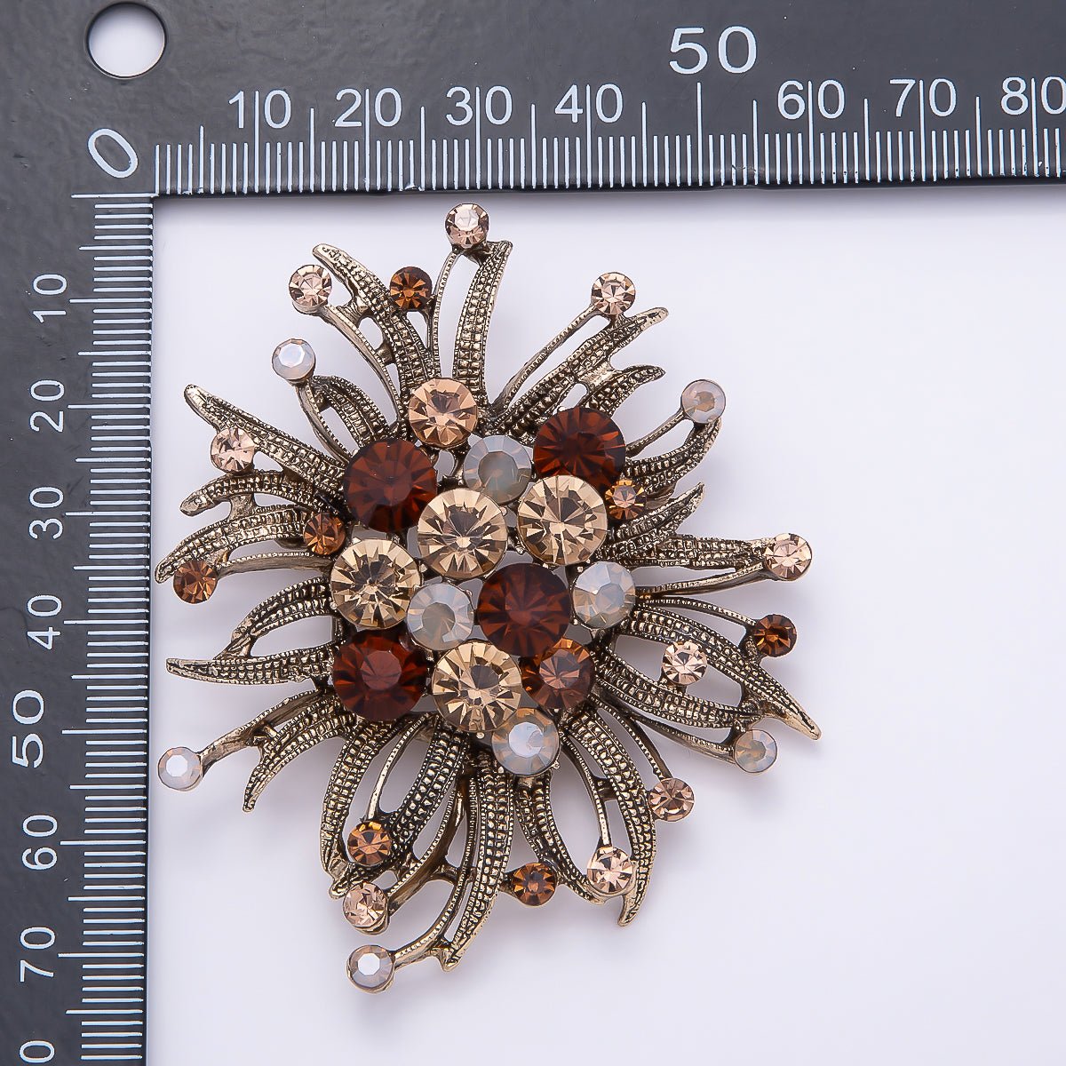 Vintage Gold 66mm x 63mm Green, Red, Silver Rhinestone Textured Leaf Nature Pin Brooch | BH - 133 ~ BH - 135 - DLUXCA