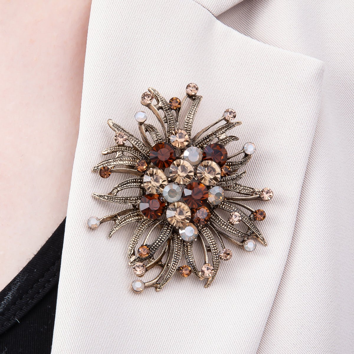 Vintage Gold 66mm x 63mm Green, Red, Silver Rhinestone Textured Leaf Nature Pin Brooch | BH - 133 ~ BH - 135 - DLUXCA