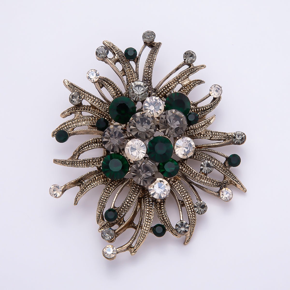Vintage Gold 66mm x 63mm Green, Red, Silver Rhinestone Textured Leaf Nature Pin Brooch | BH - 133 ~ BH - 135 - DLUXCA