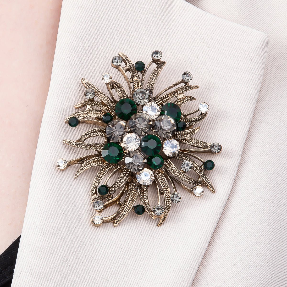 Vintage Gold 66mm x 63mm Green, Red, Silver Rhinestone Textured Leaf Nature Pin Brooch | BH - 133 ~ BH - 135 - DLUXCA