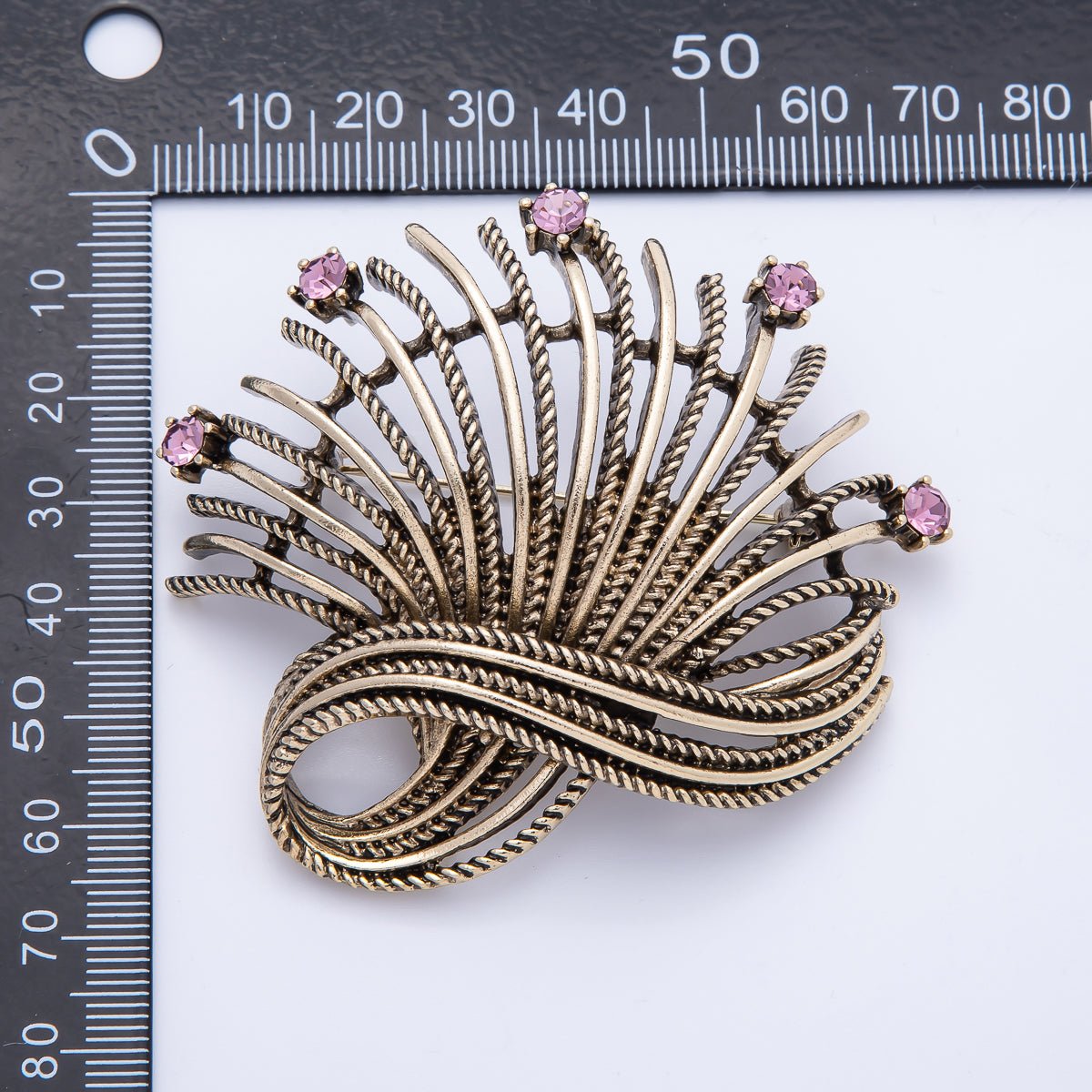 Vintage Gold 68mm x 67mm Pink Rhinestone Curved Geometric Pin Brooch | BH - 079 - DLUXCA