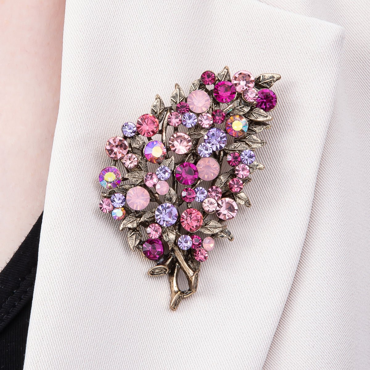 Vintage Gold 72mm x 43mm Green, Pink Rhinestone Flower Leaf Nature Pin Brooch | BH - 125 BH - 126 - DLUXCA