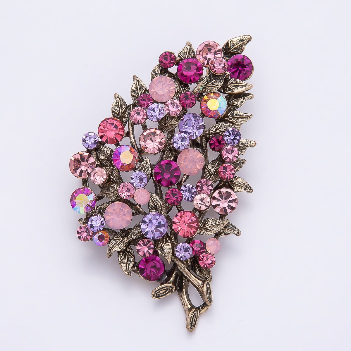 Vintage Gold 72mm x 43mm Green, Pink Rhinestone Flower Leaf Nature Pin Brooch | BH - 125 BH - 126 - DLUXCA
