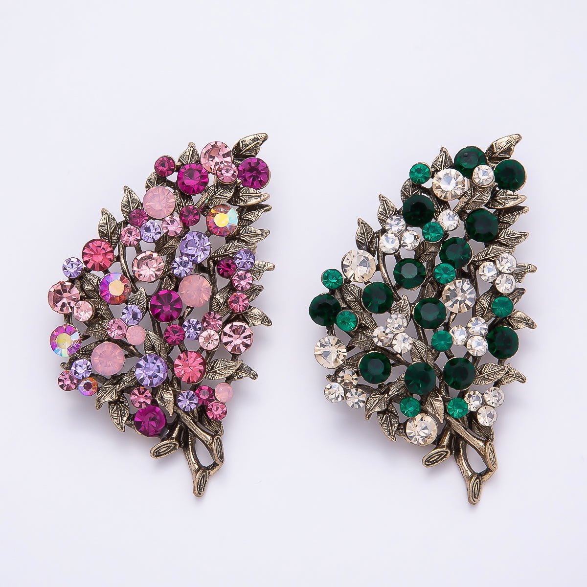 Vintage Gold 72mm x 43mm Green, Pink Rhinestone Flower Leaf Nature Pin Brooch | BH - 125 BH - 126 - DLUXCA