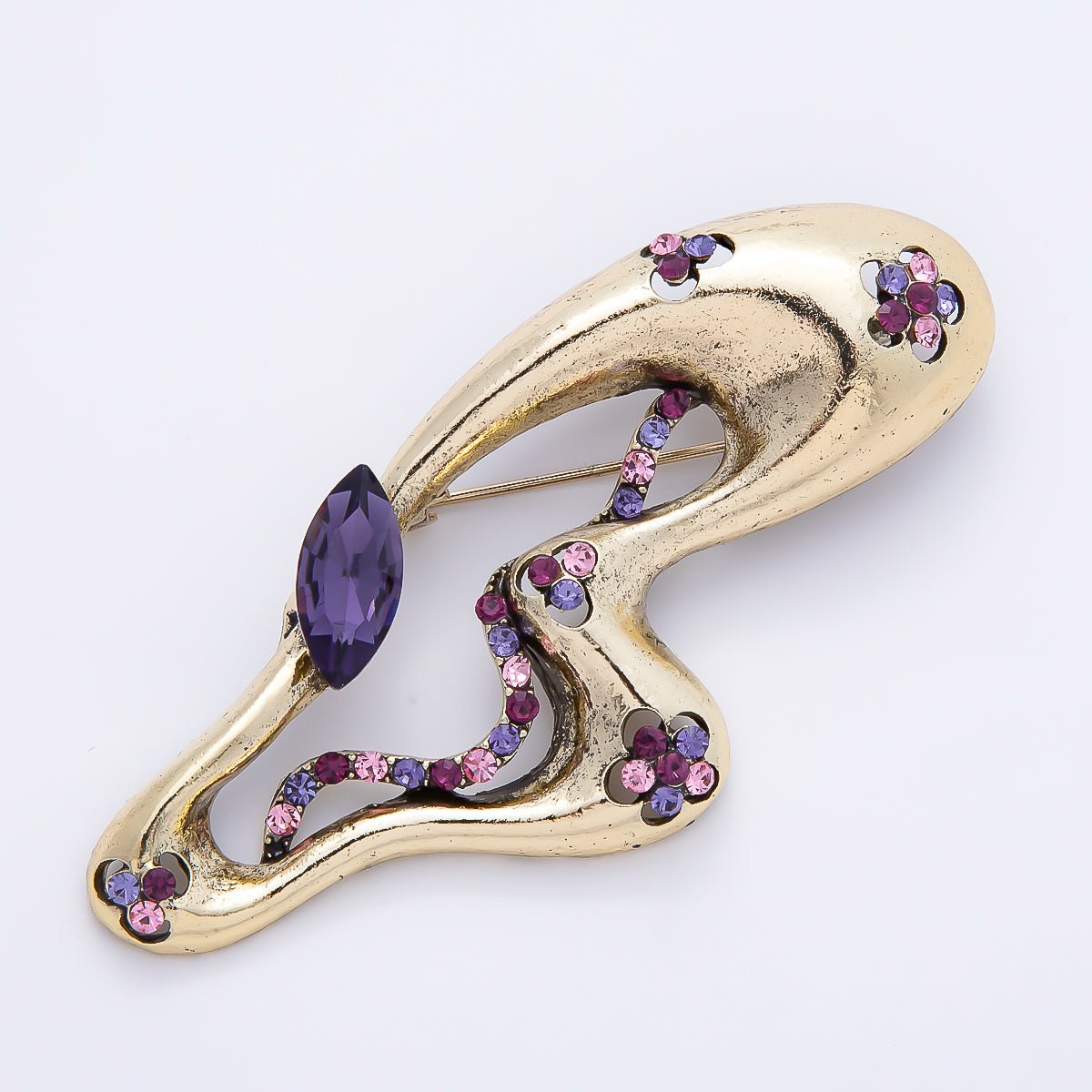 Vintage Gold 73mm Purple Pink Rhinestone Flower Half Wings Butterfly Mariposa Animal Pin Brooch | BH-00164 - DLUXCA