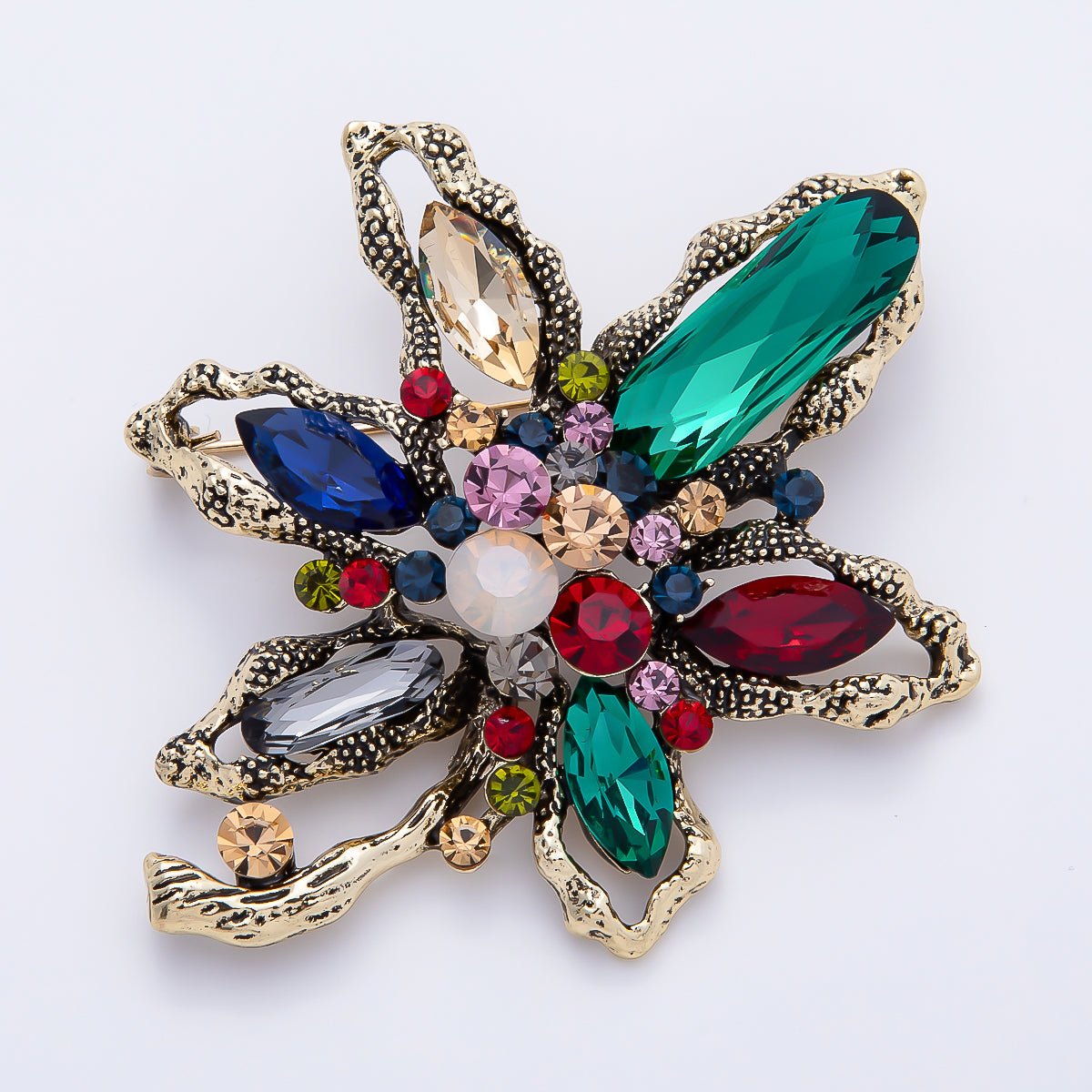 Vintage Gold 75mm Multicolor Multi Cut Rhinestone Molten Geometric Flower Pin Brooch | BH-00163 - DLUXCA