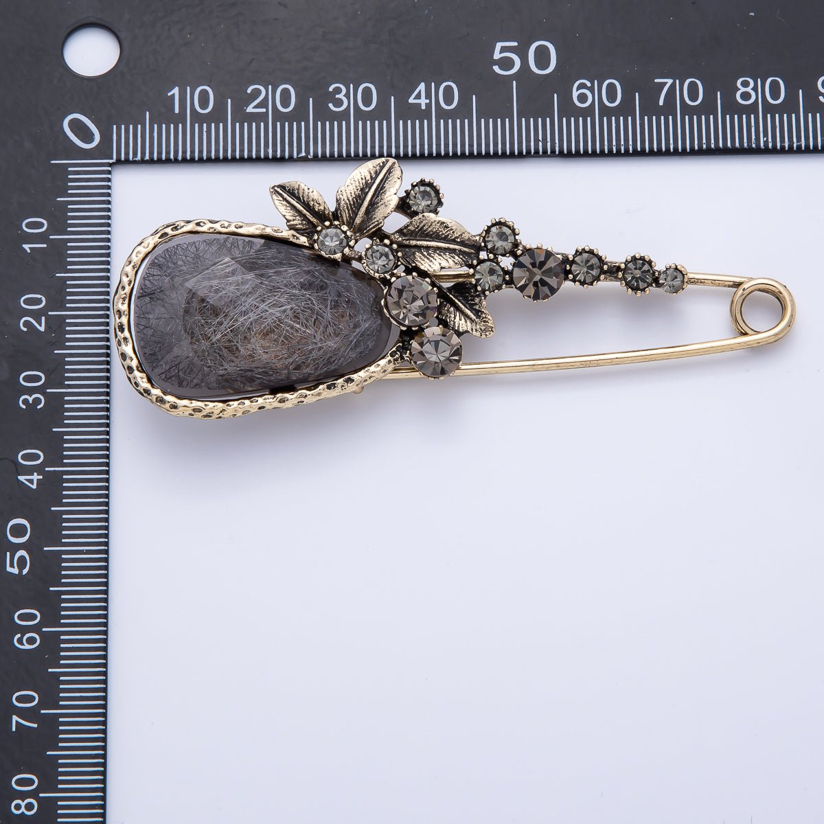 Vintage Gold 82mm x 31mm Dark Rhinestone Flower Safety Pin Brooch | BH - 068 - DLUXCA