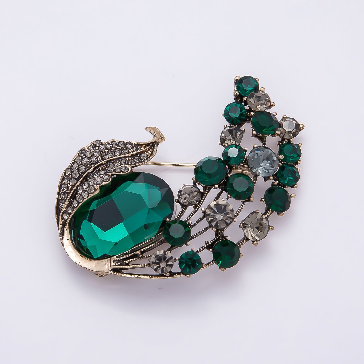 Vintage Gold Green, Red Rhinestone Curved Leaf Nature Pin Brooch | BH - 144 BH - 145 - DLUXCA