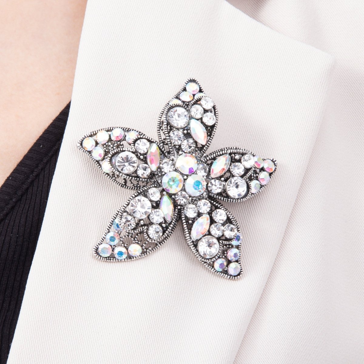 Vintage Silver 60mm Multi Cut Clear Iridescent Rhinestone Cluster Flower Pin Brooch | BH-00192 - DLUXCA