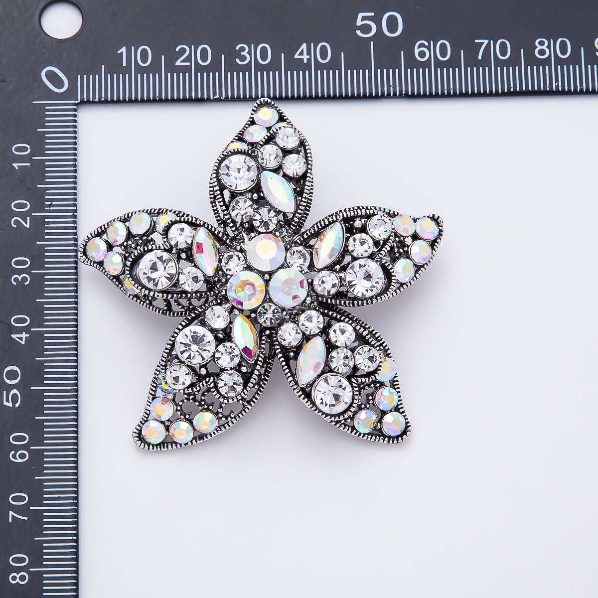 Vintage Silver 60mm Multi Cut Clear Iridescent Rhinestone Cluster Flower Pin Brooch | BH-00192 - DLUXCA