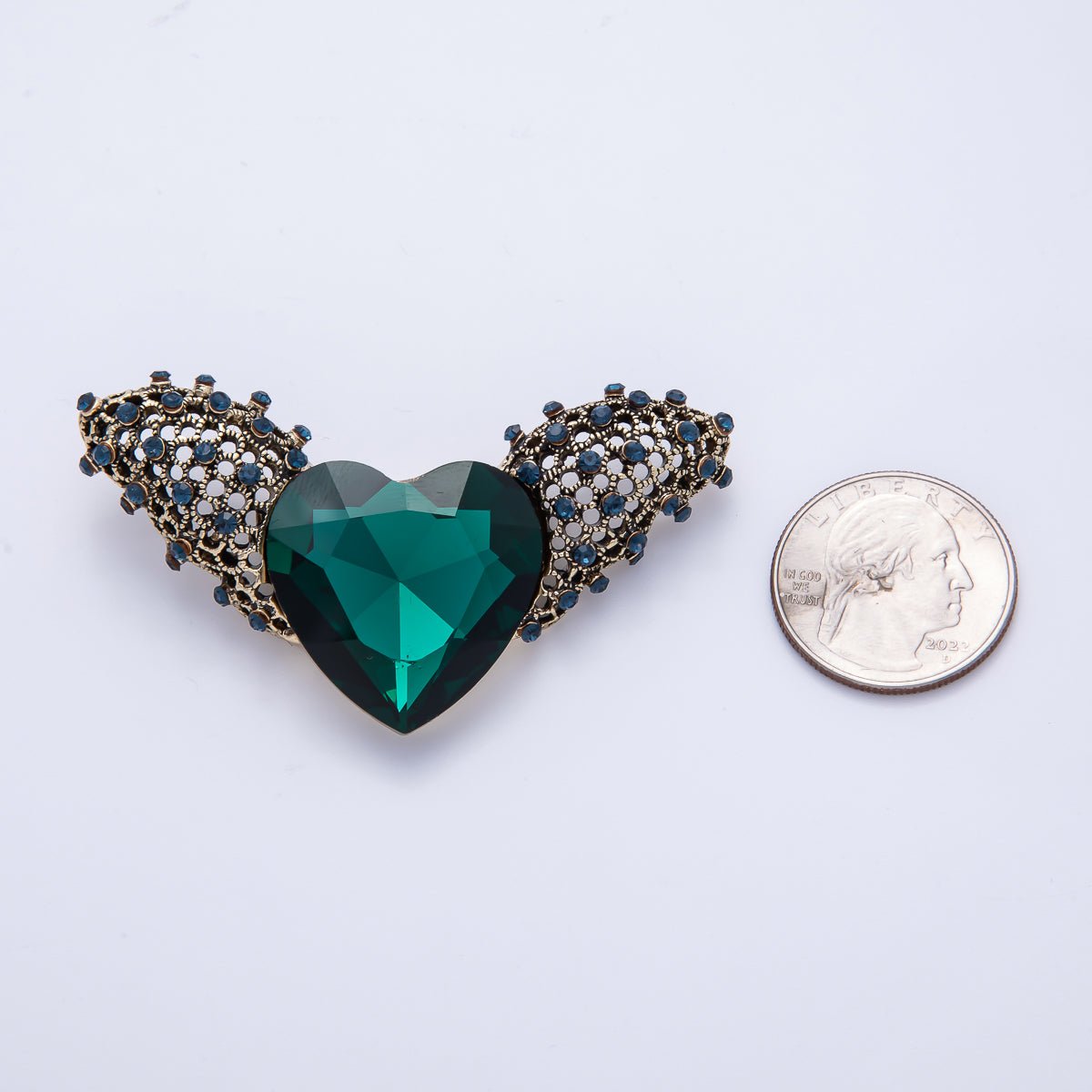 Vintage Turquoise Green Rhinestone Heart Wings Pin Brooch | BH - 064 - DLUXCA