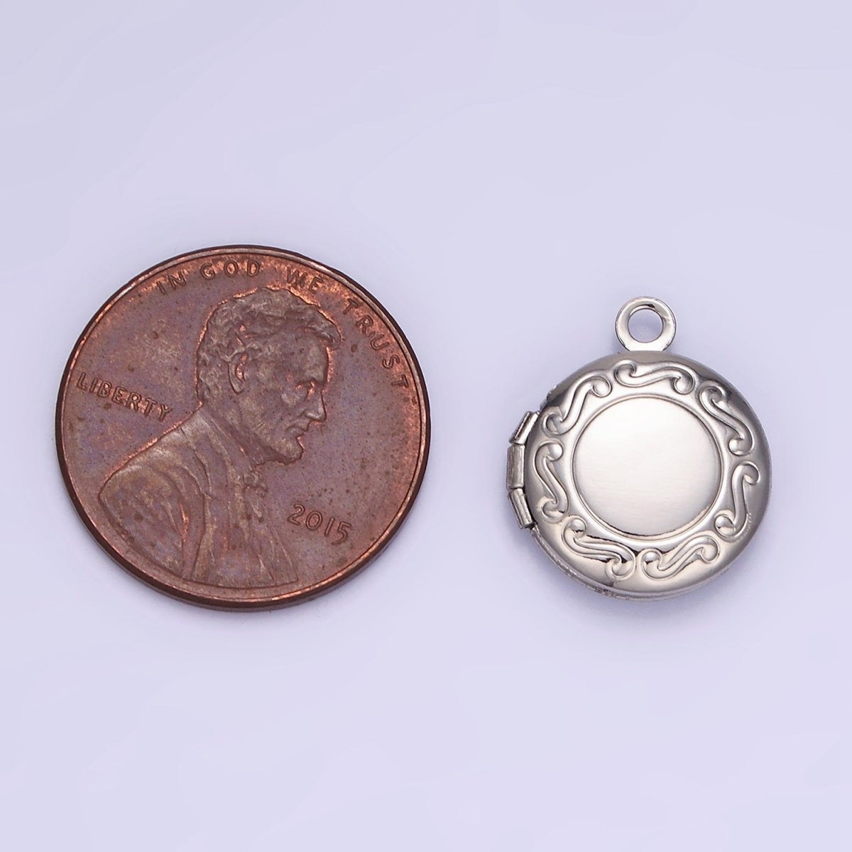 White Gold Filled 16mm Curved Engraved Round Locket Charm | H357 - DLUXCA