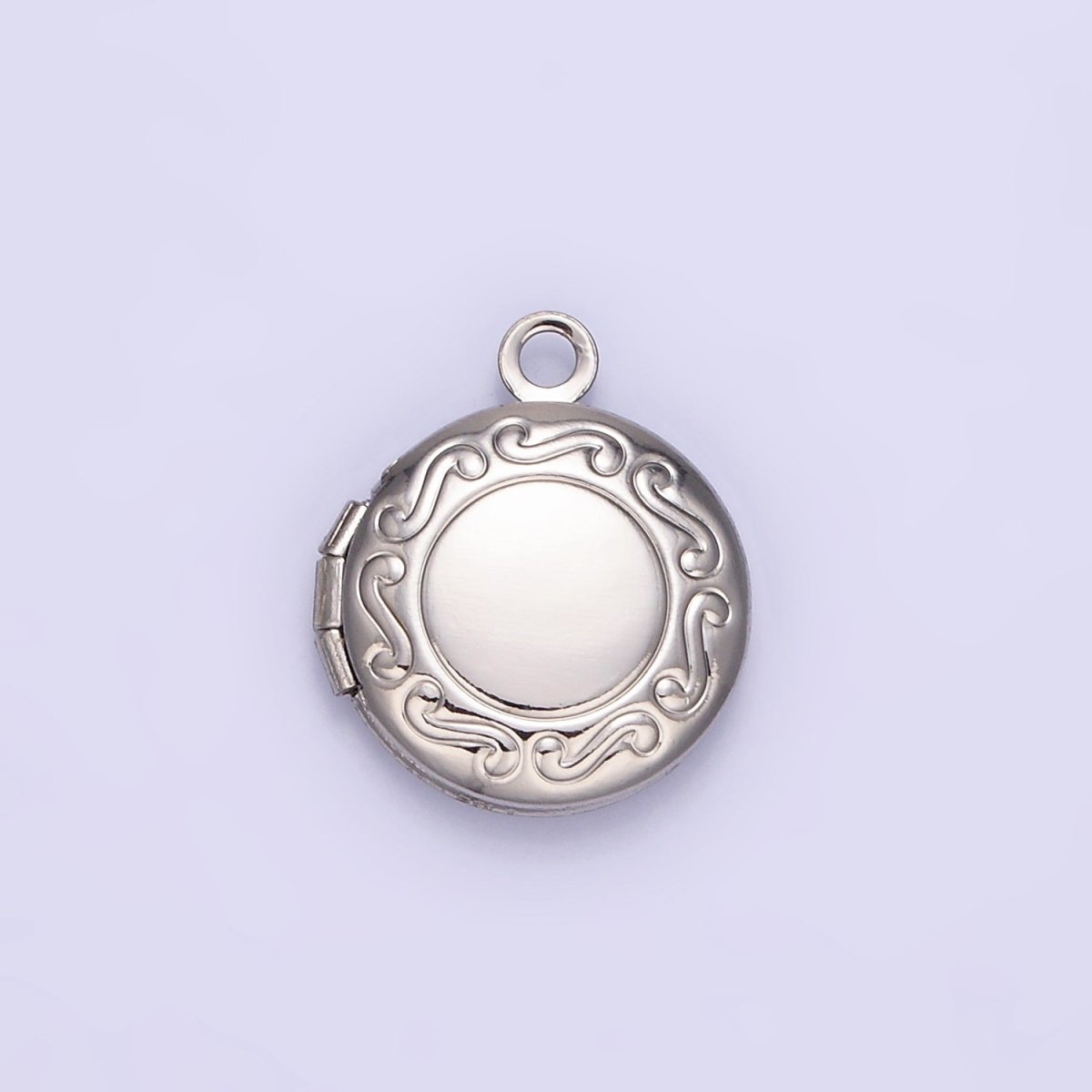 White Gold Filled 16mm Curved Engraved Round Locket Charm | H357 - DLUXCA