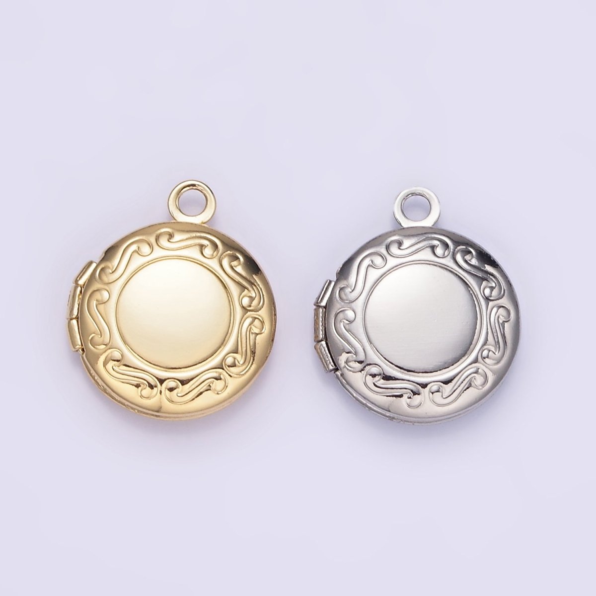White Gold Filled 16mm Curved Engraved Round Locket Charm in Gold & Silver | H357 - DLUXCA