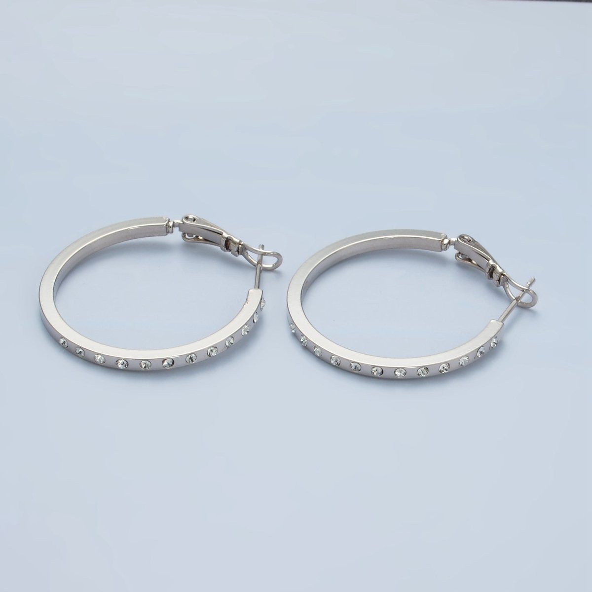 White Gold Filled 30mm CZ Dotted Hinge Hoop Earrings | AD668 - DLUXCA