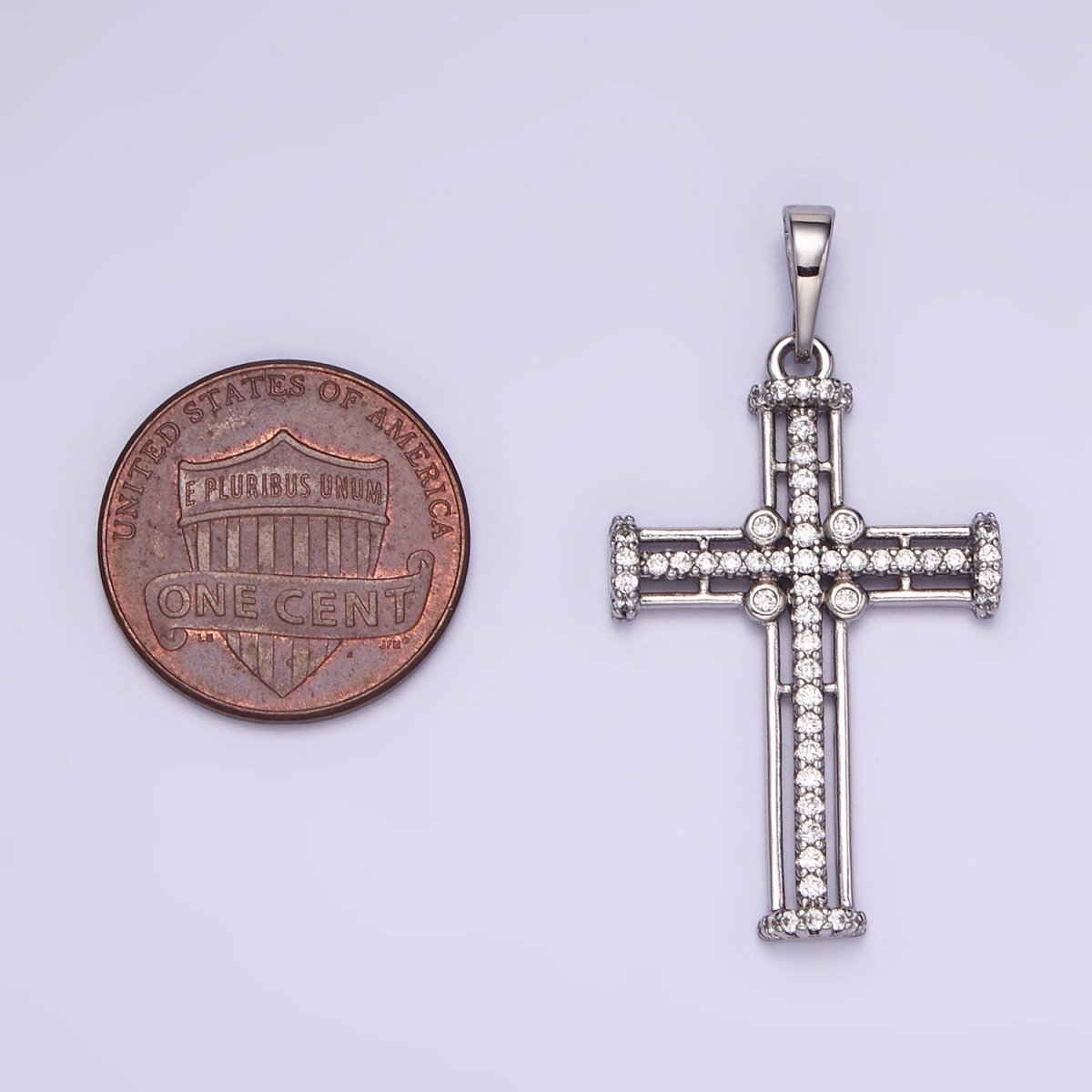 White Gold Filled 40mm Multiple Band Micro Paved CZ Religious Cross Pendant | I400 - DLUXCA