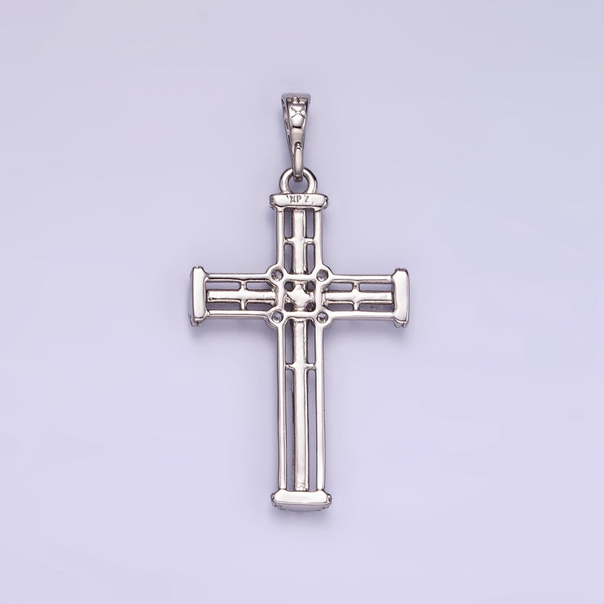 White Gold Filled 40mm Multiple Band Micro Paved CZ Religious Cross Pendant | I400 - DLUXCA