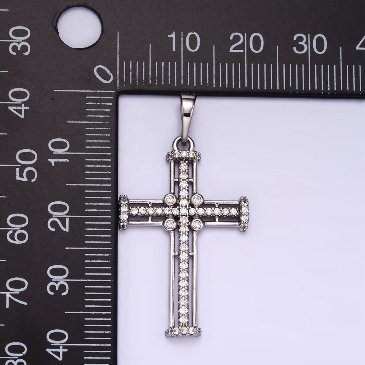 White Gold Filled 40mm Multiple Band Micro Paved CZ Religious Cross Pendant | I400 - DLUXCA