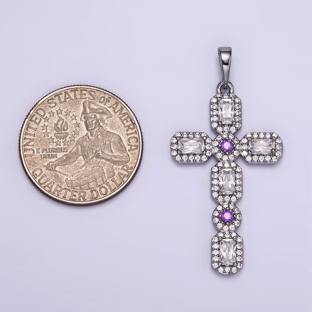 White Gold Filled 45mm Baguette Micro Paved CZ Religious Cross Pendant | I441 - DLUXCA