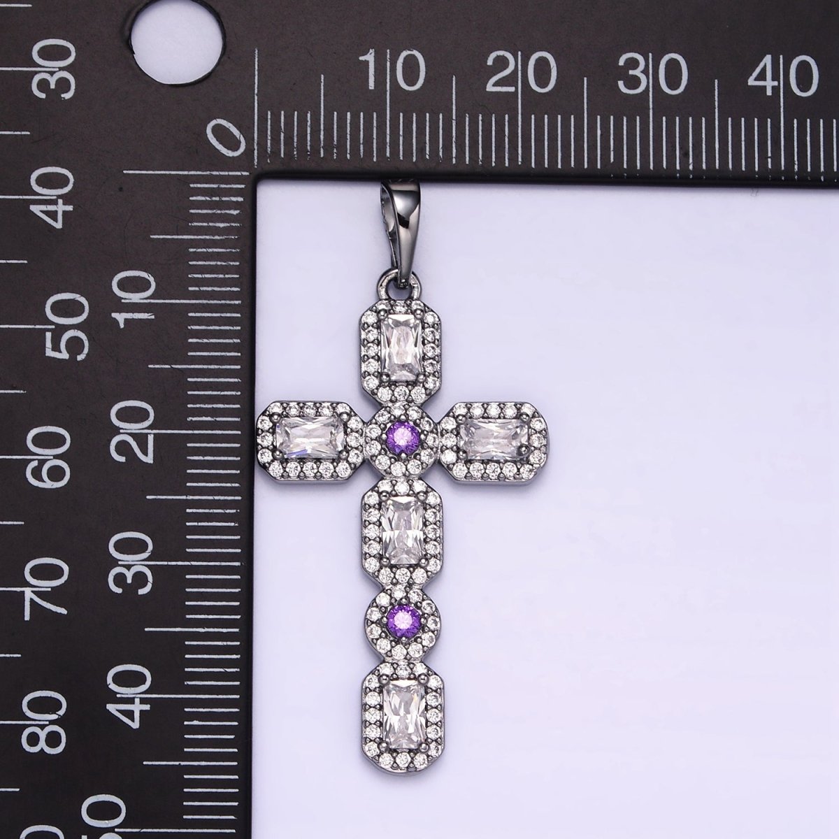 White Gold Filled 45mm Baguette Micro Paved CZ Religious Cross Pendant | I441 - DLUXCA