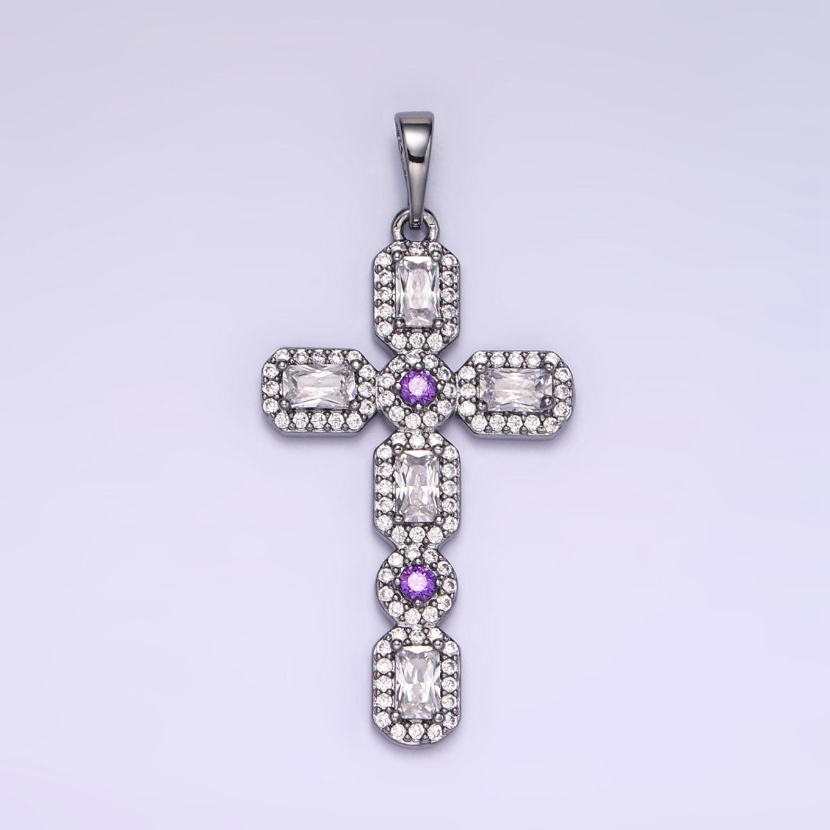 White Gold Filled 45mm Baguette Micro Paved CZ Religious Cross Pendant | I441 - DLUXCA