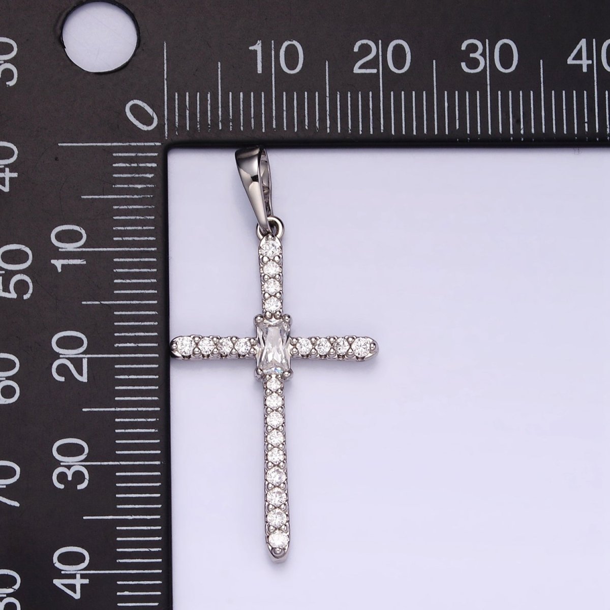 White Gold Filled Baguette Micro Paved CZ Religious Cross Pendant | I360 - DLUXCA